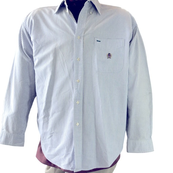 Tommy Hilfiger size L classic blue pin stripe long sleeve dress shirt crested - Picture 1 of 4